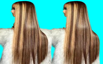 Three views of a wig with brown and blonde hair on a white background